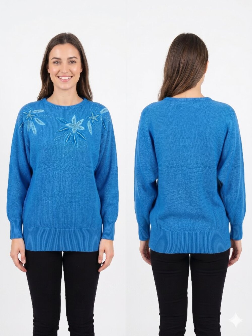 Retro Vtg Embroidered Floral Sweater Women's M Blue Tunic Wool Blend Grannycore